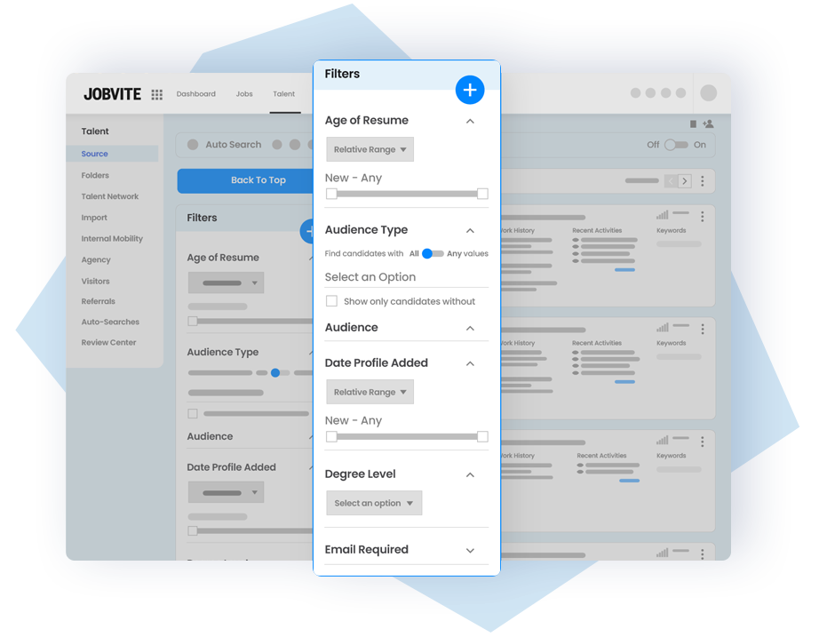  Filters available in Jobvite’s Recruitment Marketing platform for sorting candidates based on different criteria